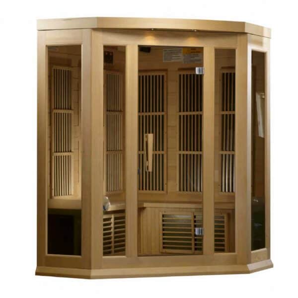 maxxus 3 person corner low emf infared sauna on white background