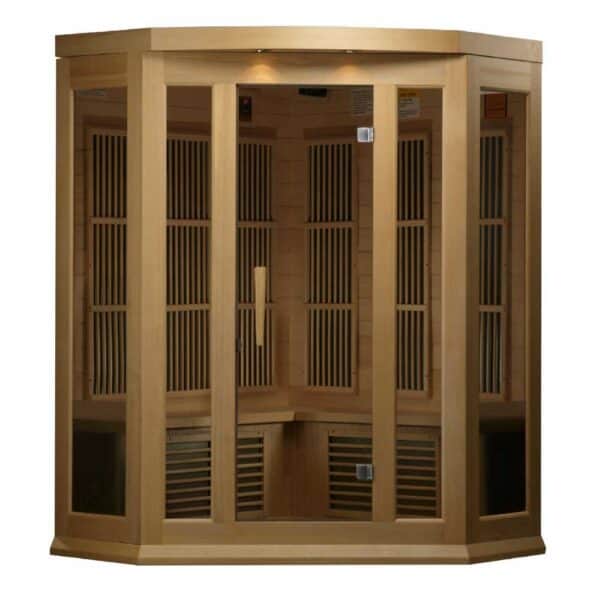 front view of Maxxus 3 person corner infared sauna on white background