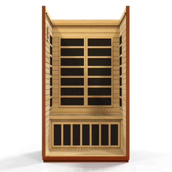 open interior view of the Dynamic San Marino 2 person low EMF FAR Infrared Sauna