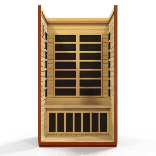 open interior view of the Dynamic San Marino 2 person Ultra low EMF FAR Infrared Sauna