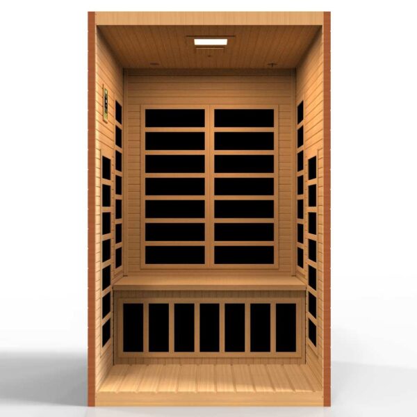 open interior view of the Dynamic Santiago 2 person ultra low EMF FAR Infrared Sauna