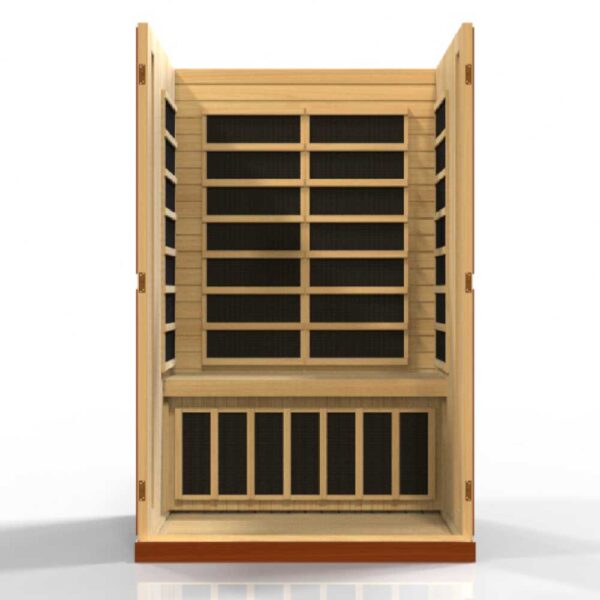 open interior view of the Dynamic Vittoria 2 person low EMF FAR Infrared Sauna