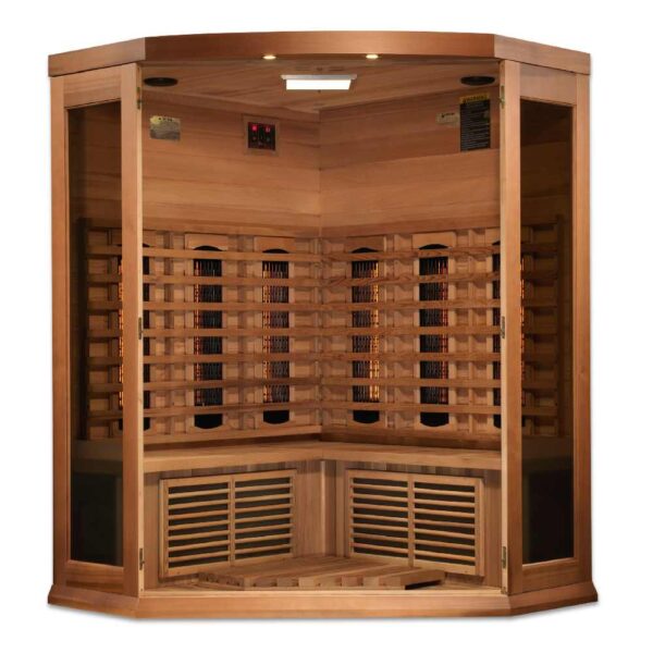 Interior View of Maxxus 3 person Corner Full Spectrum EMF FAR Infrared Red Cedar Sauna