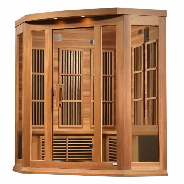 Angeld Right View of Maxxus 3 Person Corner Low EMF FAR Infrared Red Cedar Sauna