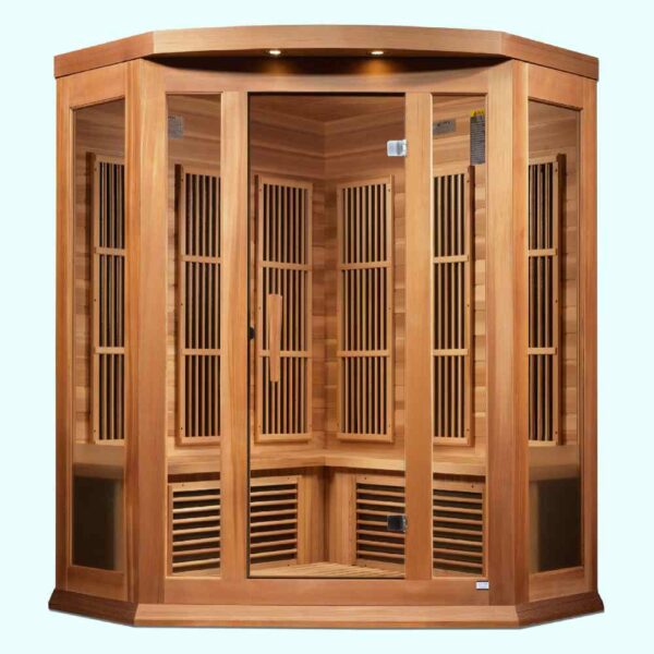 Front View of Maxxus 3 Person Corner Low EMF FAR Infrared Red Cedar Sauna