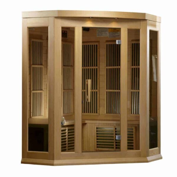 maxxus 3 person corner low emf infrared sauna on white background