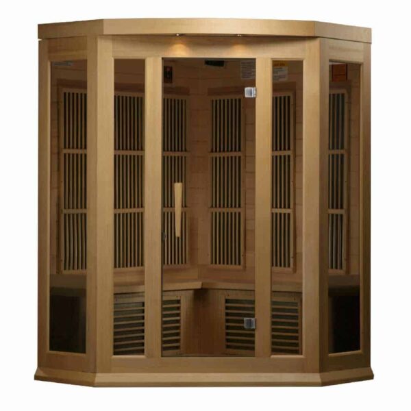 front view of Maxxus 3 person corner infrared sauna on white background