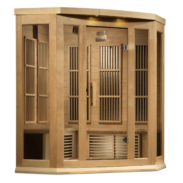 Maxxus 3 person corner near zero EMF FAR Infrared Sauna Angled Left