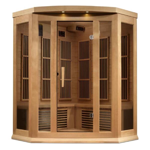 Maxxus 3 person corner near zero EMF FAR Infrared Sauna Front View