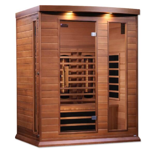 Angled Left View of Maxxus 3 person Full Spectrum EMF FAR Infrared Red Cedar Sauna