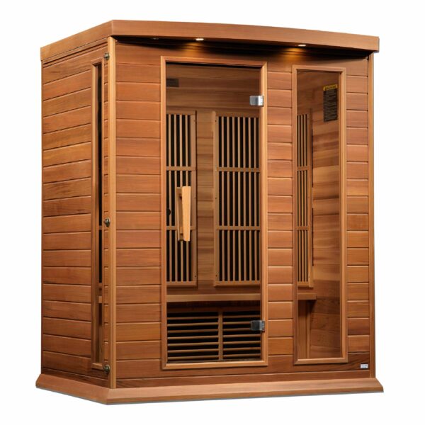 Angled Left View of Maxxus 3 person Low EMF FAR Infrared Red Cedar Sauna Heater