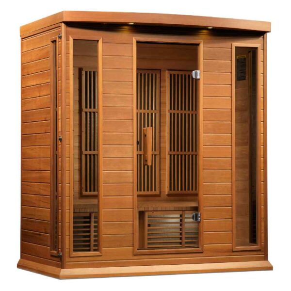 Angled Left View of Maxxus 4 person Low EMF FAR Infrared Red Cedar Sauna Heater