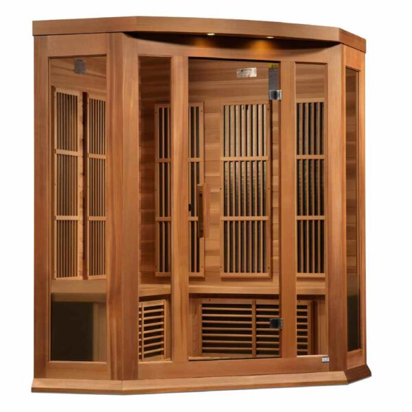 Angled Left View of Maxxus 3 person corner near zero EMF FAR Infrared Red Cedar Sauna