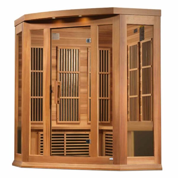 Angled Right View of Maxxus Avignon 3 person corner near zero EMF FAR Infrared Red Cedar Sauna