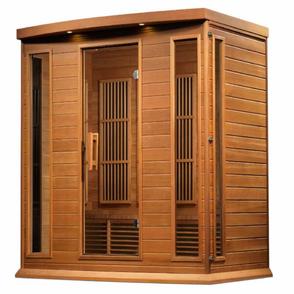 Angled Right View of Maxxus Chaumont 4 person near zero EMF FAR Infrared Red Cedar Sauna