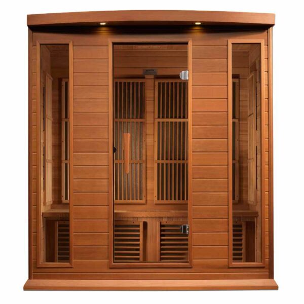 Front View of Maxxus Chaumont 4 person near zero EMF FAR Infrared Red Cedar Sauna