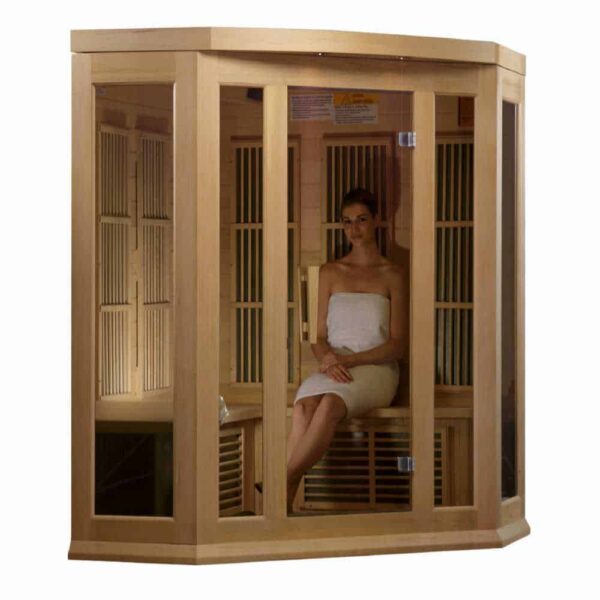 women in maxxus 3 person corner sauna on white background